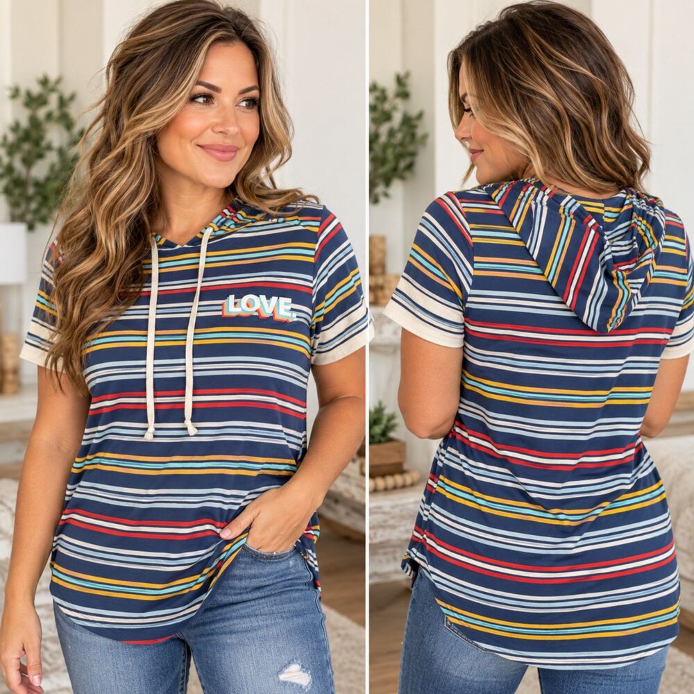 Ultra Flirt Women’s Medium Striped Hoodie Top Short Sleeve LOVE Graphic Y2K
